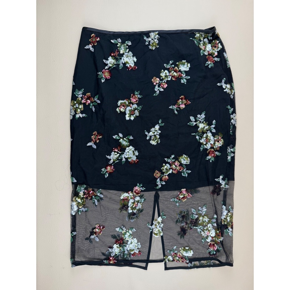 Floral Sequin Mesh Pencil Midi Skirt Sheer Hem Size 16 Worthington
